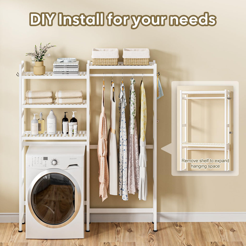 White Bamboo 5-Tier Over Washer Dryer Storage Shelf w Adjustable Shelves  Hooks