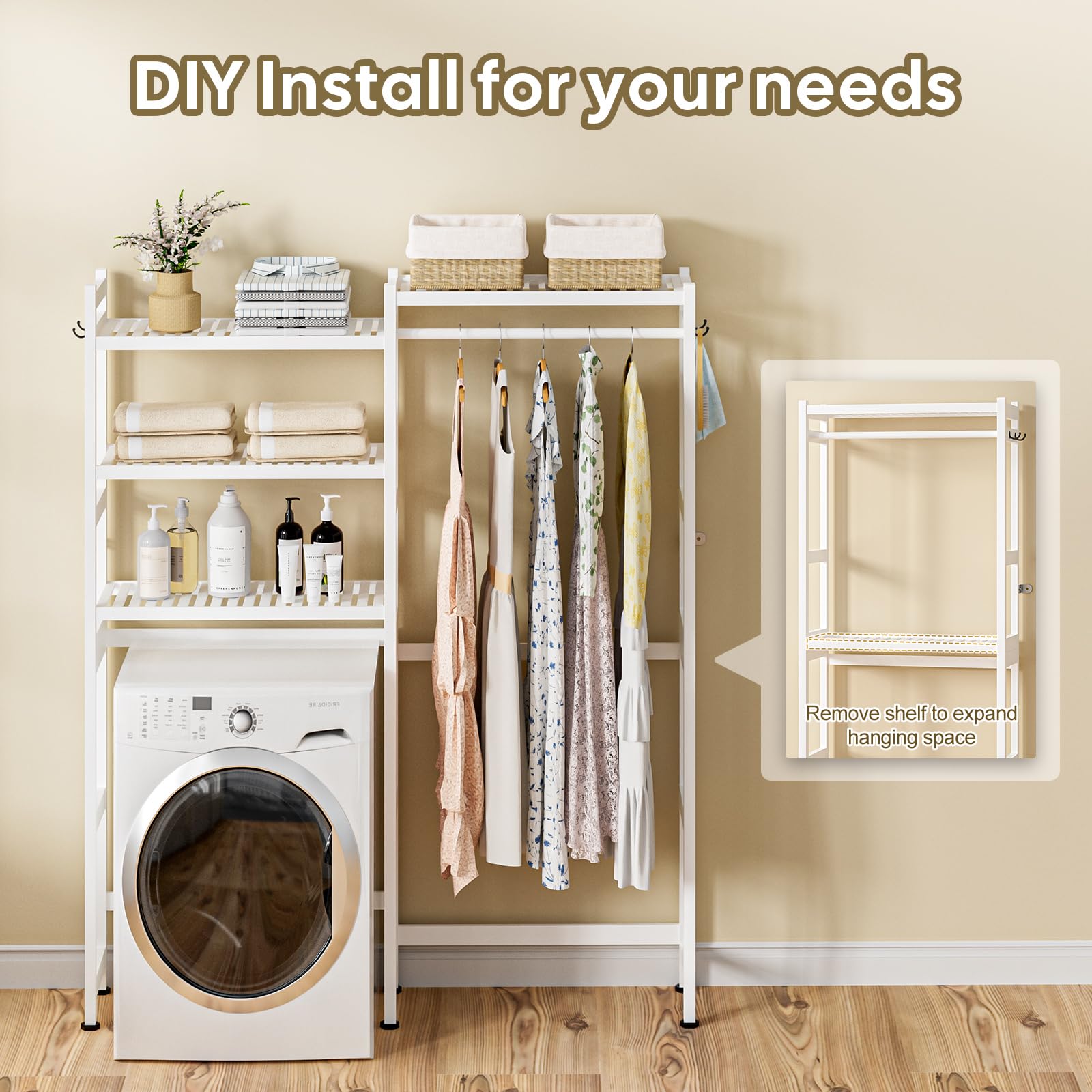 White Bamboo 5-Tier Over Washer Dryer Storage Shelf w Adjustable Shelves  Hooks