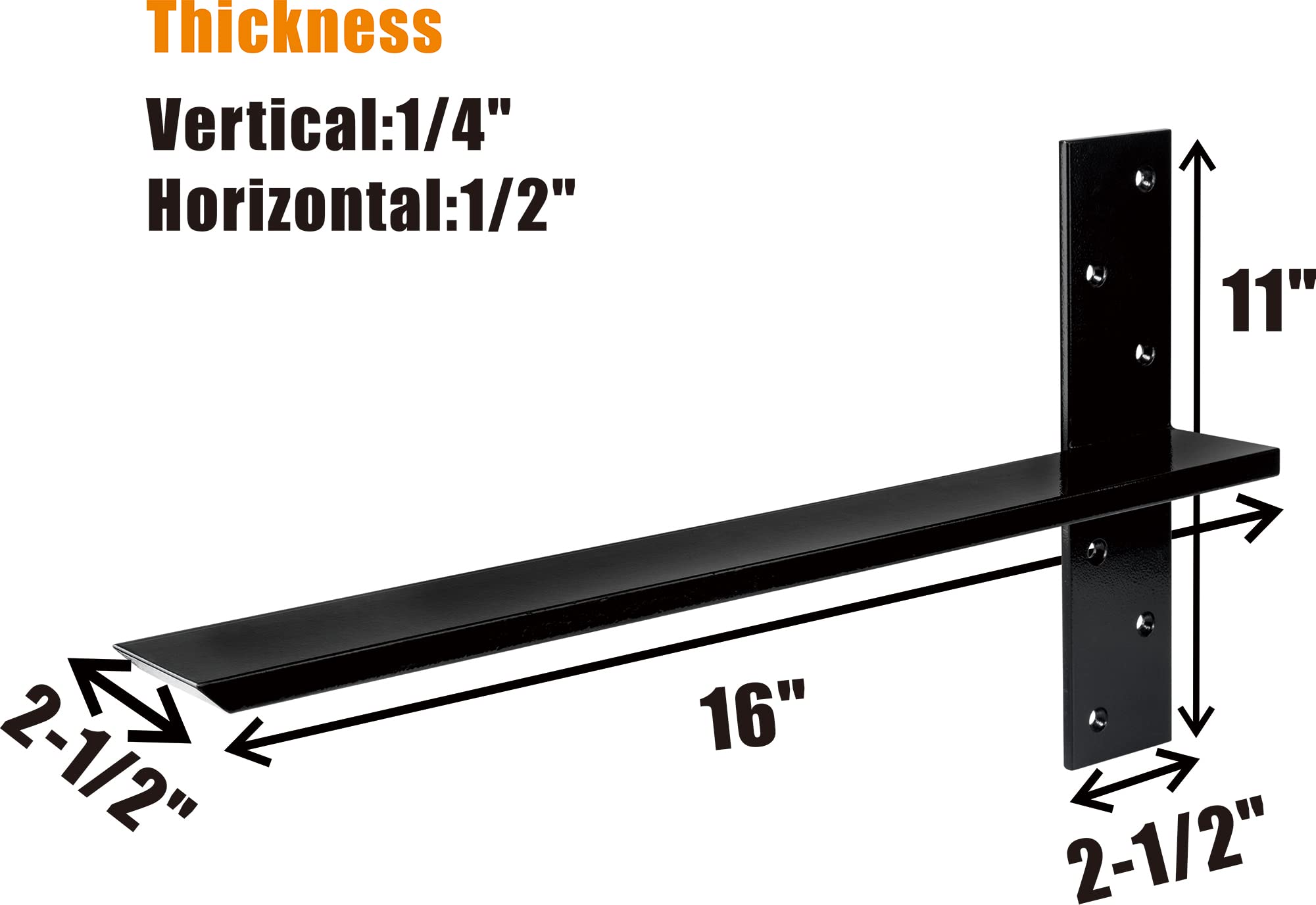 Black Heavy Duty Steel Hidden Countertop Shelf Brackets 3-Pack 16 Inch