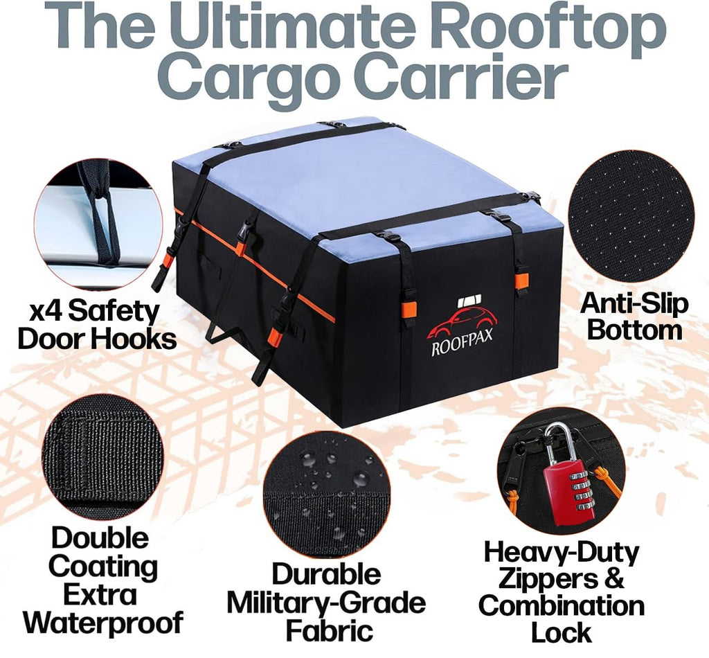 RoofPax XXL 28 cuft Car Rooftop Cargo Carrier Bag Extra Waterproof Car Roof Storage with 10 Heavy Duty Tie Down Straps and 4 Hooks Roof Bag Cargo Carrier for Top of Vehicle with/Without Rack Retail $189.00