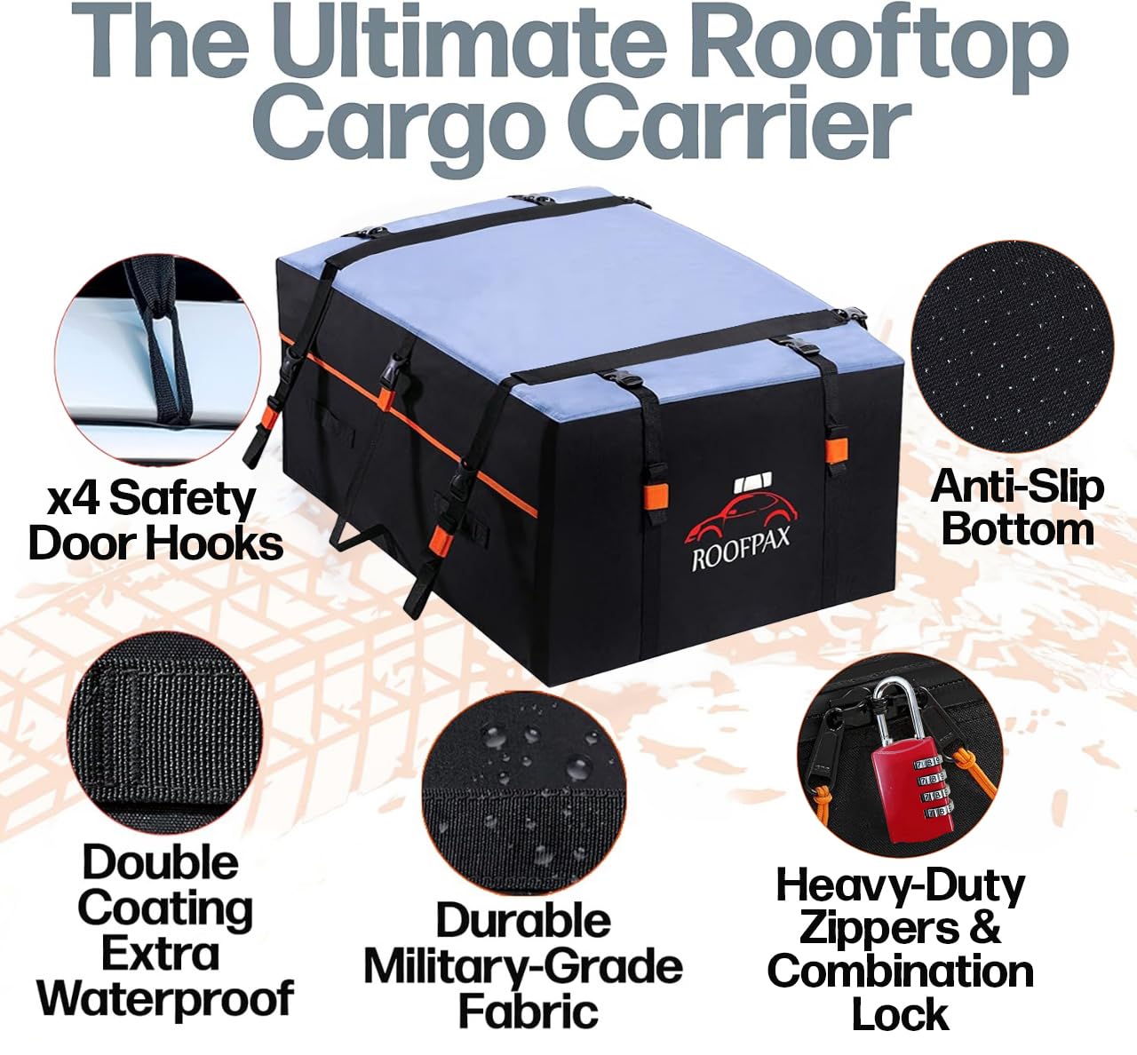 RoofPax XXL 28 cuft Car Rooftop Cargo Carrier Bag Extra Waterproof Car Roof Storage with 10 Heavy Duty Tie Down Straps and 4 Hooks Roof Bag Cargo Carrier for Top of Vehicle with/Without Rack Retail $189.00