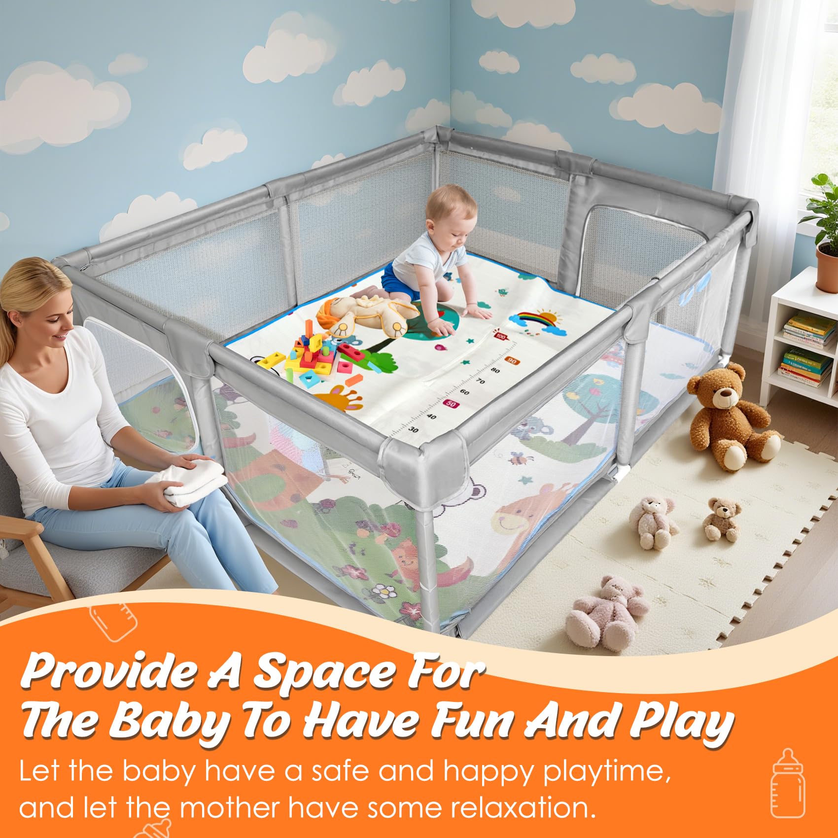 Open-Box New FRTUI Extra Large Baby Playpen w Mat 75x59.
