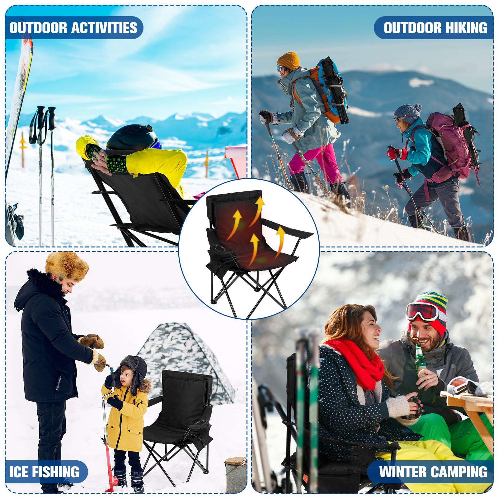 Anglechic 4 Pcs Heated Camping Chair for Adults Include 2 Pcs Camping Chair 2 Pcs Heated Seat Cushion Heating Folding Outdoor Portable Seat with Side Pocket for Patio, Power Bank Not Included