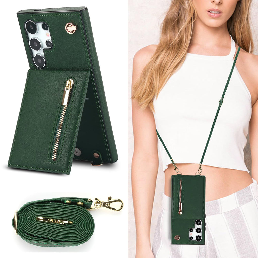 Green Samsung Galaxy S24 Ultra Wallet Flip Case w Crossbody Strap Card Holder  Kickstand