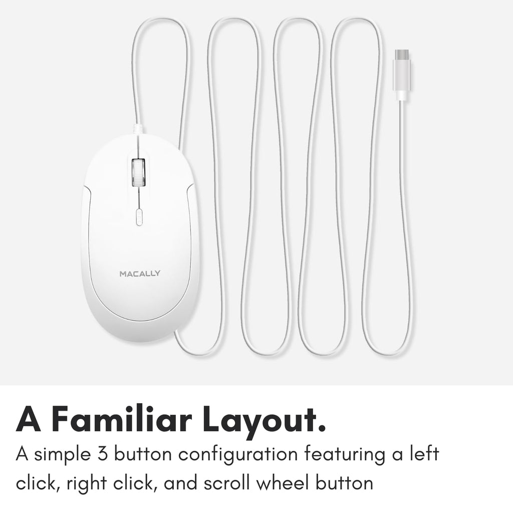 Open-Box New Macally Wired USB-C Slim Quiet All White Computer Mouse for MacPC Retail $19.00