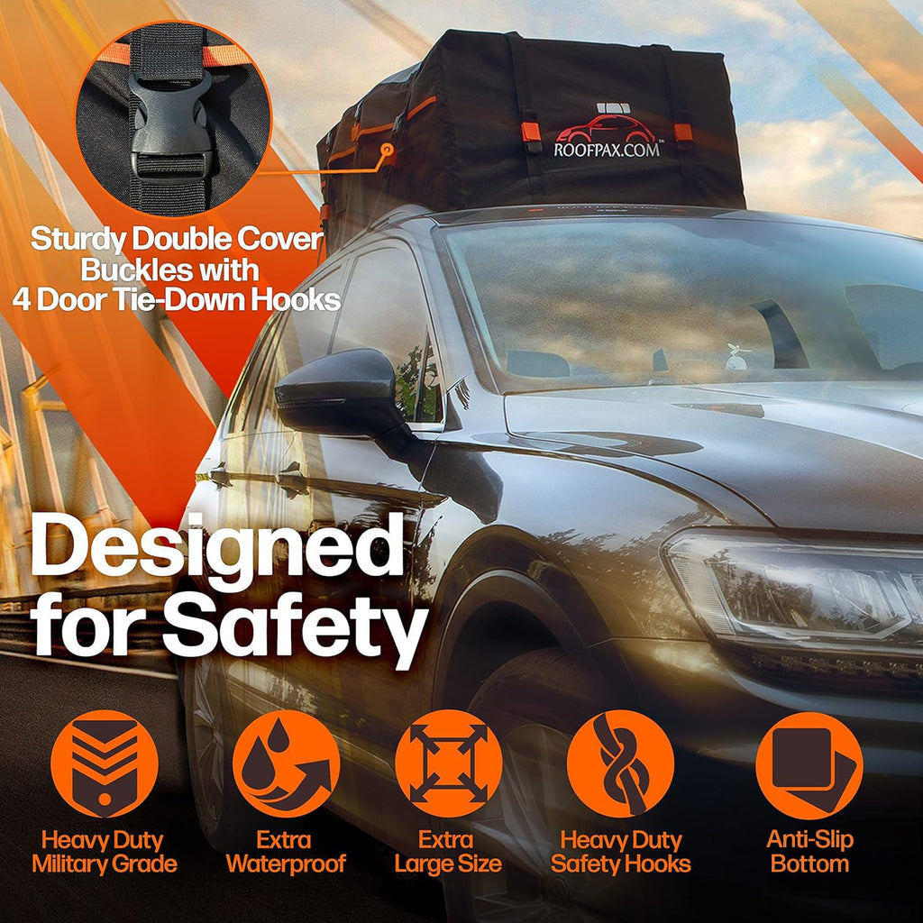 RoofPax XXL 28 cuft Car Rooftop Cargo Carrier Bag Extra Waterproof Car Roof Storage with 10 Heavy Duty Tie Down Straps and 4 Hooks Roof Bag Cargo Carrier for Top of Vehicle with/Without Rack Retail $189.00