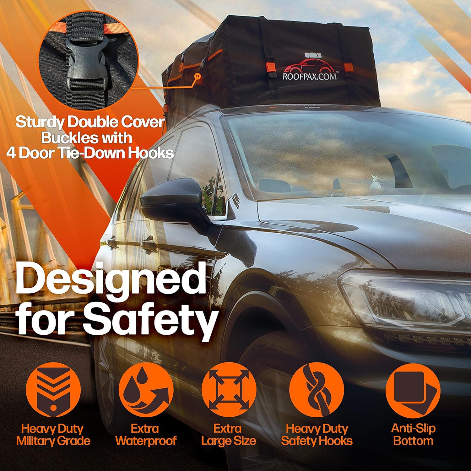 RoofPax XXL 28 cuft Car Rooftop Cargo Carrier Bag Extra Waterproof Car Roof Storage with 10 Heavy Duty Tie Down Straps and 4 Hooks Roof Bag Cargo Carrier for Top of Vehicle with/Without Rack Retail $189.00