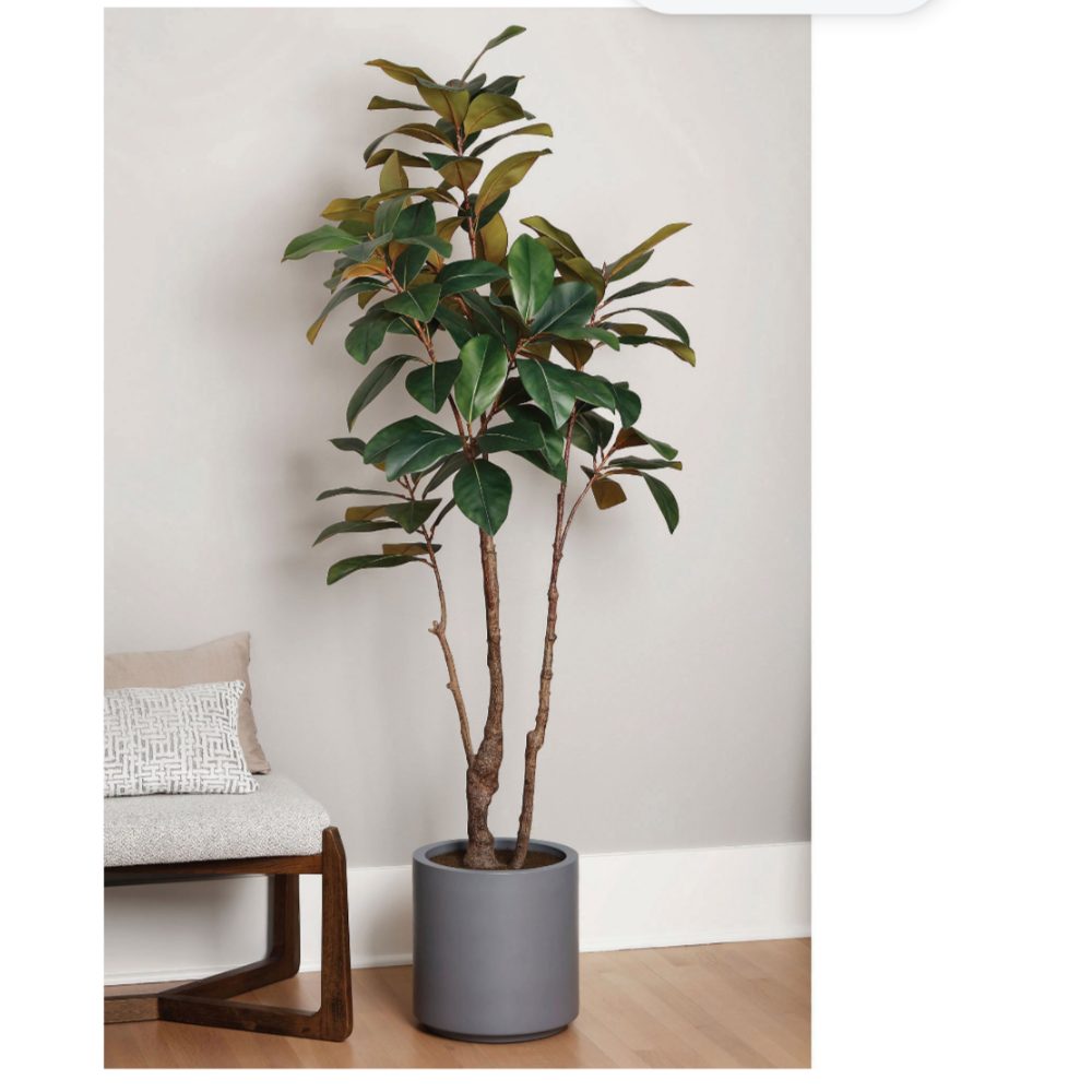 Large Faux Magnolia Tree Green in Gray Cylinder Pot