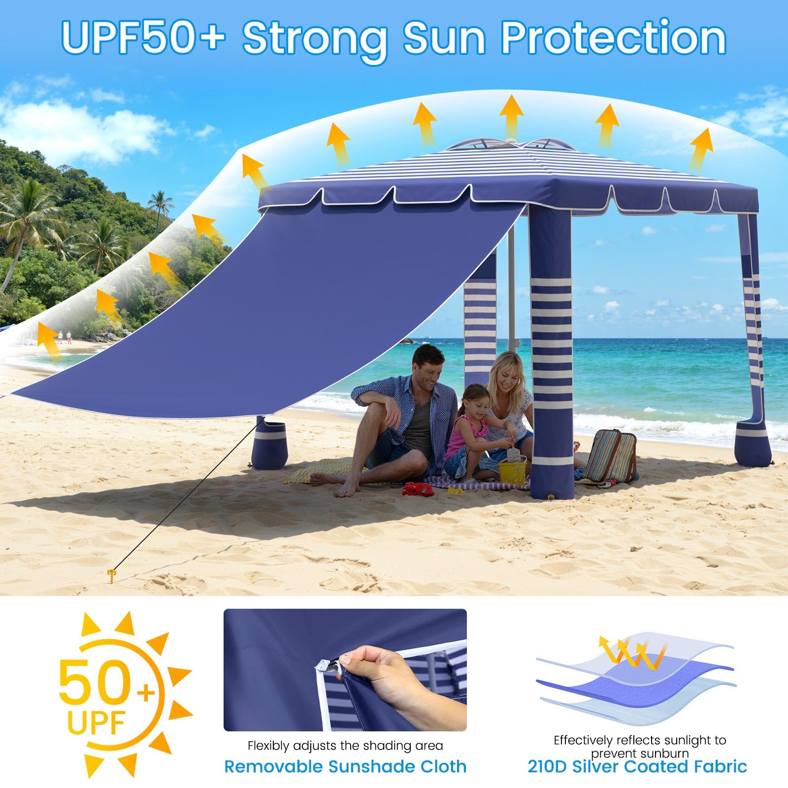 Sq. Ft. Beach Cabana Sun Shade Tent UPF 50 Protection Navy Stripes