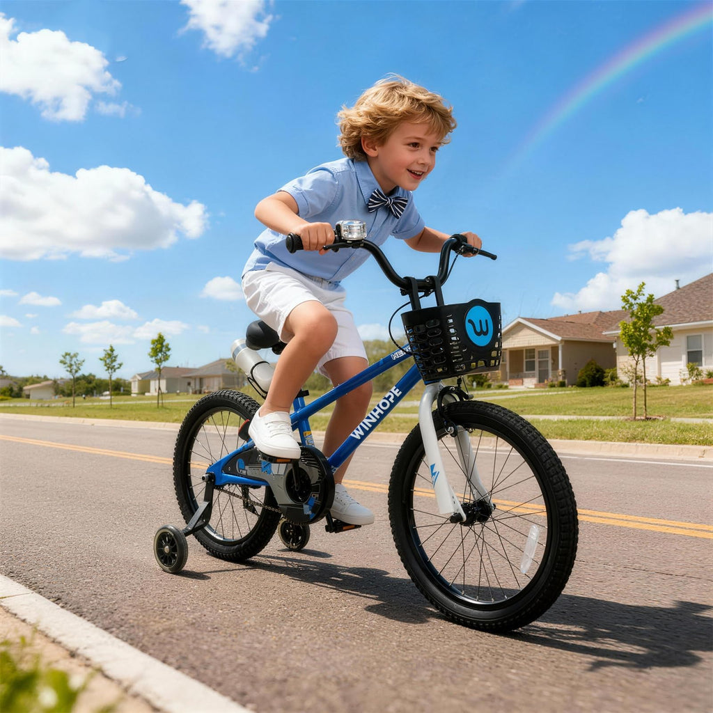Blue 16 Inch Kids Bicycle with Light Up Training Wheels  Dual Brakes for Boys Girls
