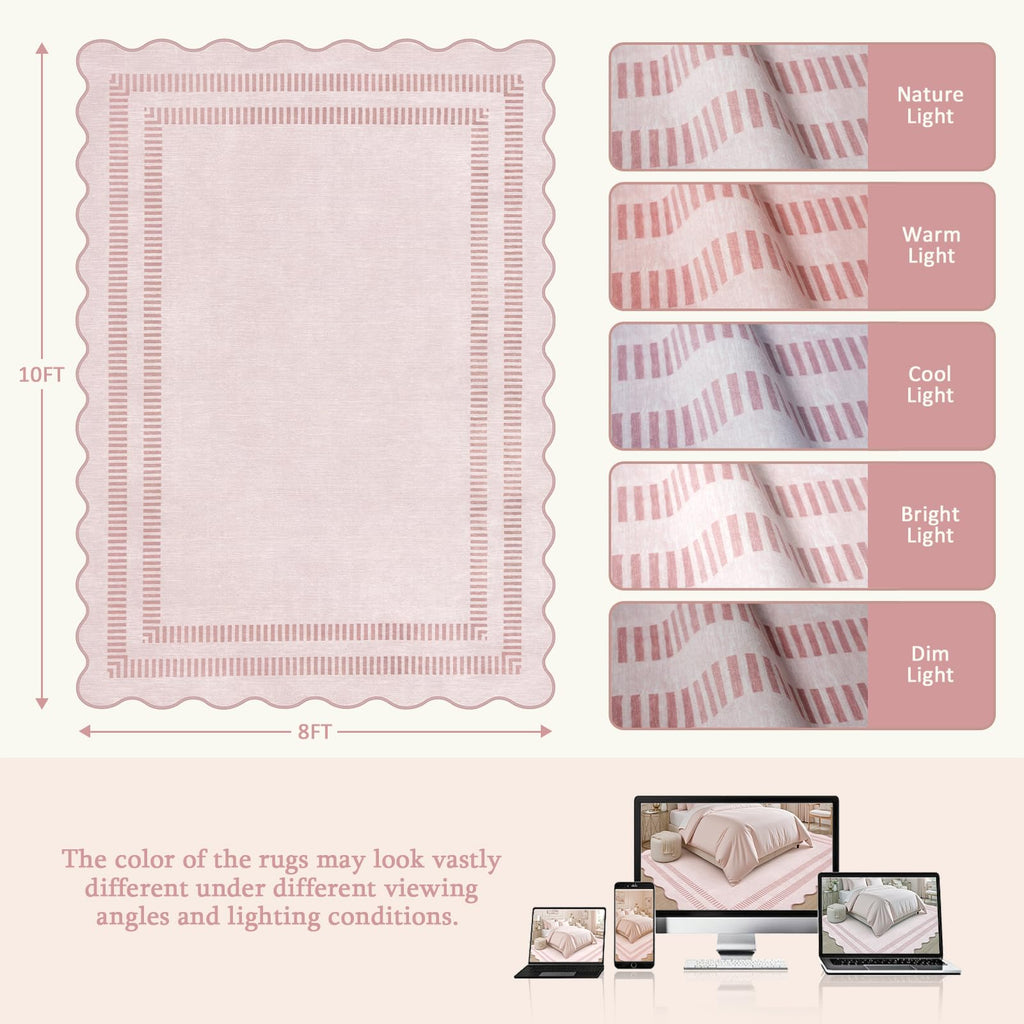 Pink 8x10 Machine Washable Non-Slip Low-Pile Area Rug with Scalloped Design