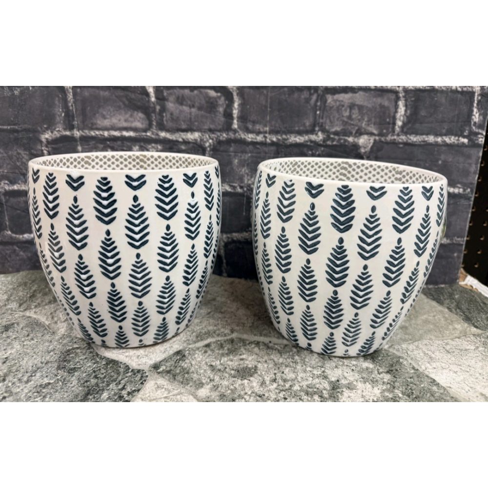New Set of 2 Ceramic Planters White w Navy Blue Leaf Pattern Retail $38.00