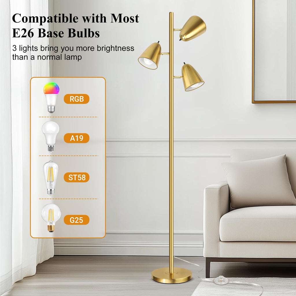 Brushed Gold Tree Floor Lamp with 3 Light Bulbs Standing Tall Pole Lamp 3 Adjustable Arms Retail $61.00