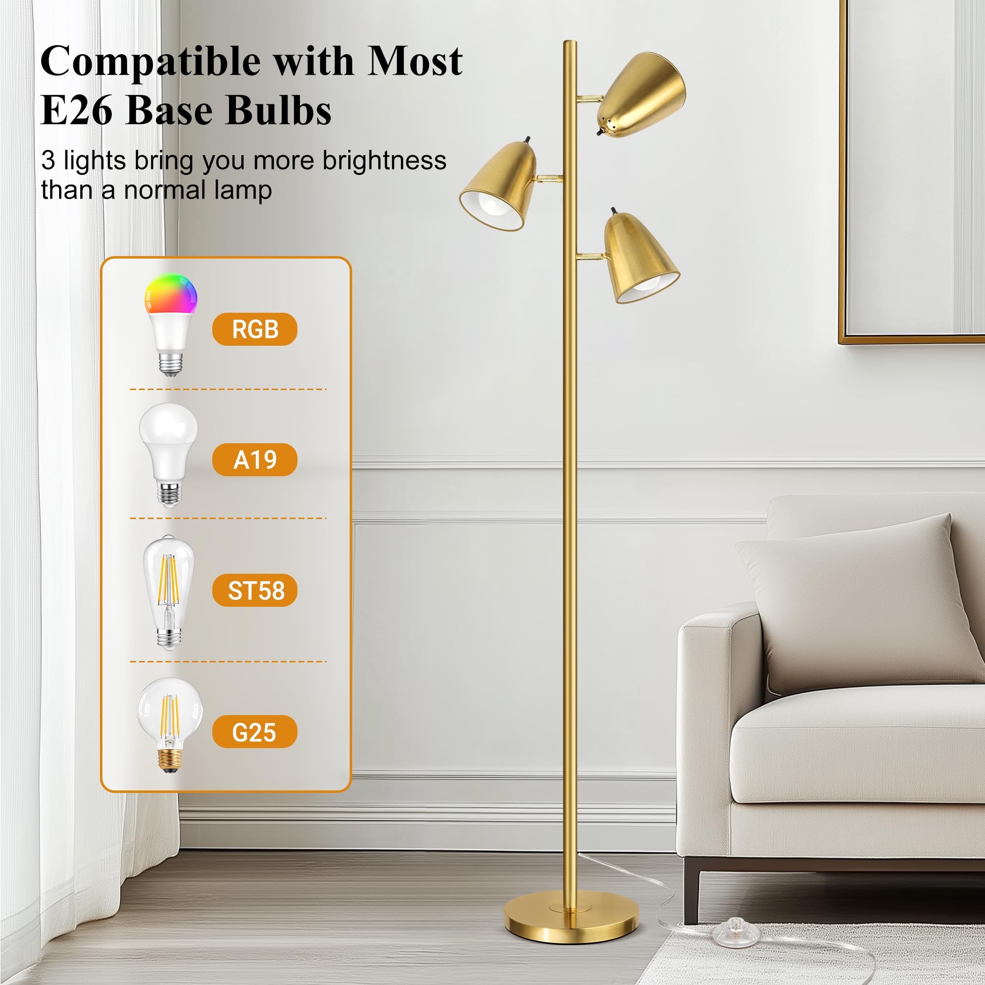 Brushed Gold Tree Floor Lamp with 3 Light Bulbs Standing Tall Pole Lamp 3 Adjustable Arms Retail $61.00