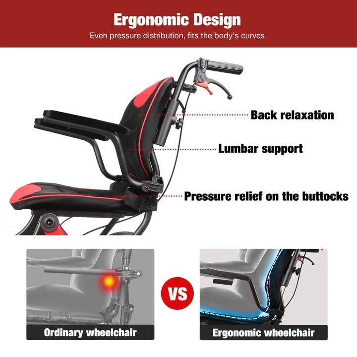 Lightweight Foldable Transport Wheelchair for Adults 11-inch Rear Wheels 300lb Capacity - RedBlack