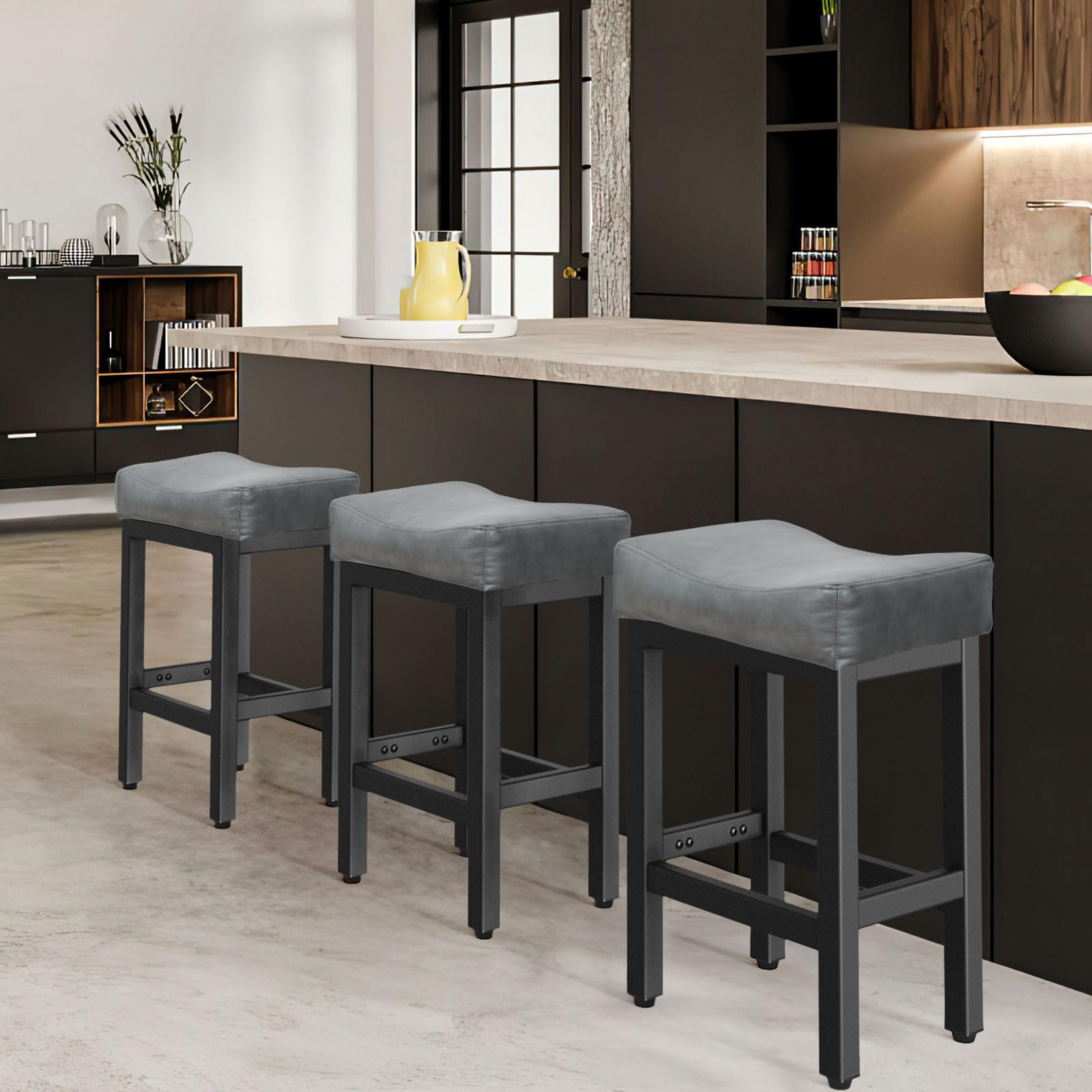 Open-Box New Raynesys Set of 3 24 All Black Saddle Seat Counter Height Barstools