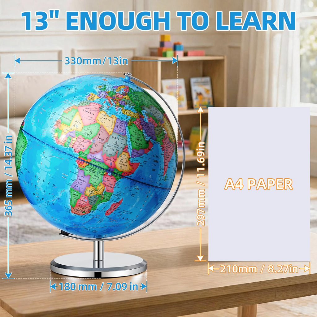 BSHAPPLUS 13 inch Large Globe for Classroom & Home Learning, Political Globe with 195+ Countries, Dry Erase & Waterproof Surface, Solid Stainless Steel Base (No Assembly Required) Retail $50.00