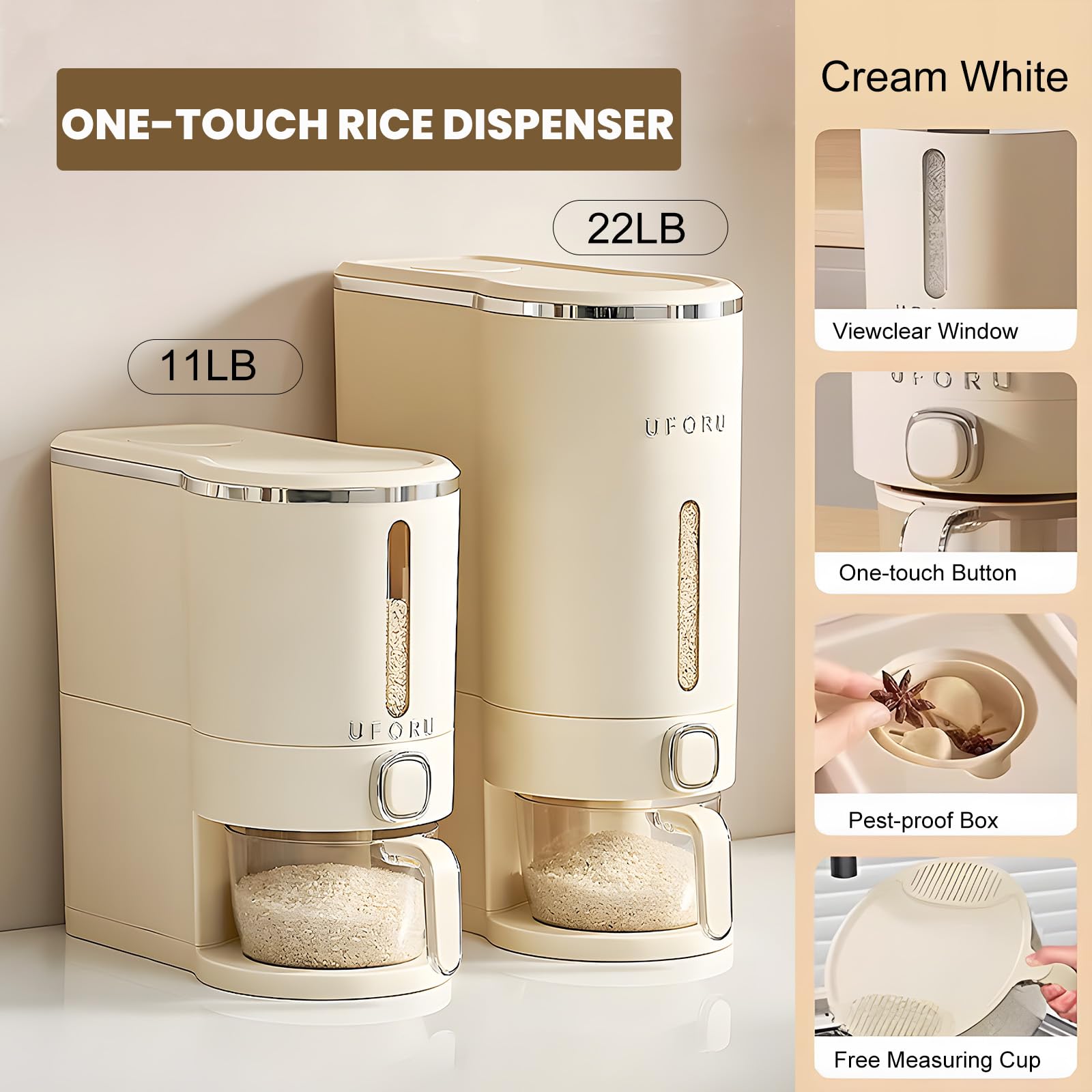 Cream White 22 Lb Airtight Rice Dispenser with Measuring Cup  Pest Prevention Box Retail $30.00