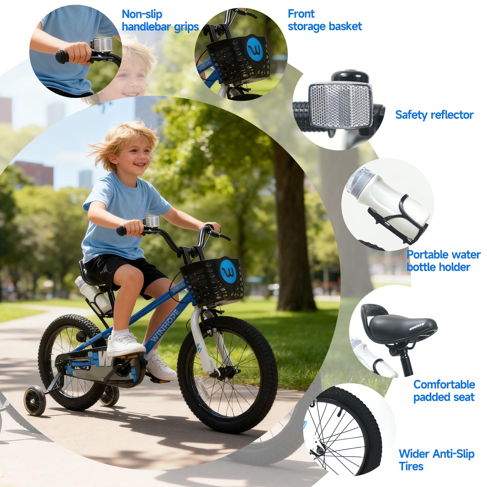 Blue 16 Inch Kids Bicycle with Light Up Training Wheels  Dual Brakes for Boys Girls