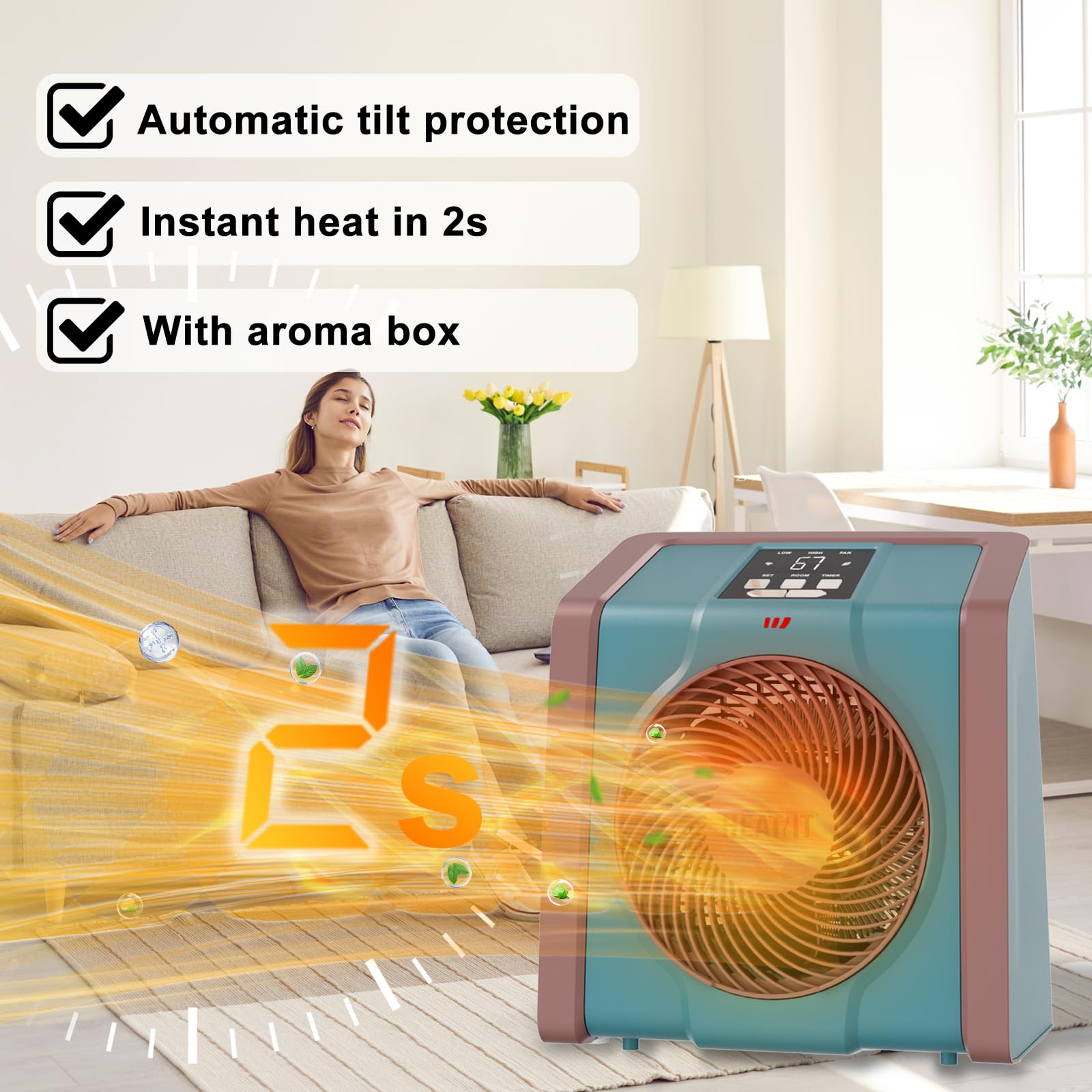 Quiet Electric Space Heater with Digital Thermostat 750W1500W 3D Air Circulation Cyan