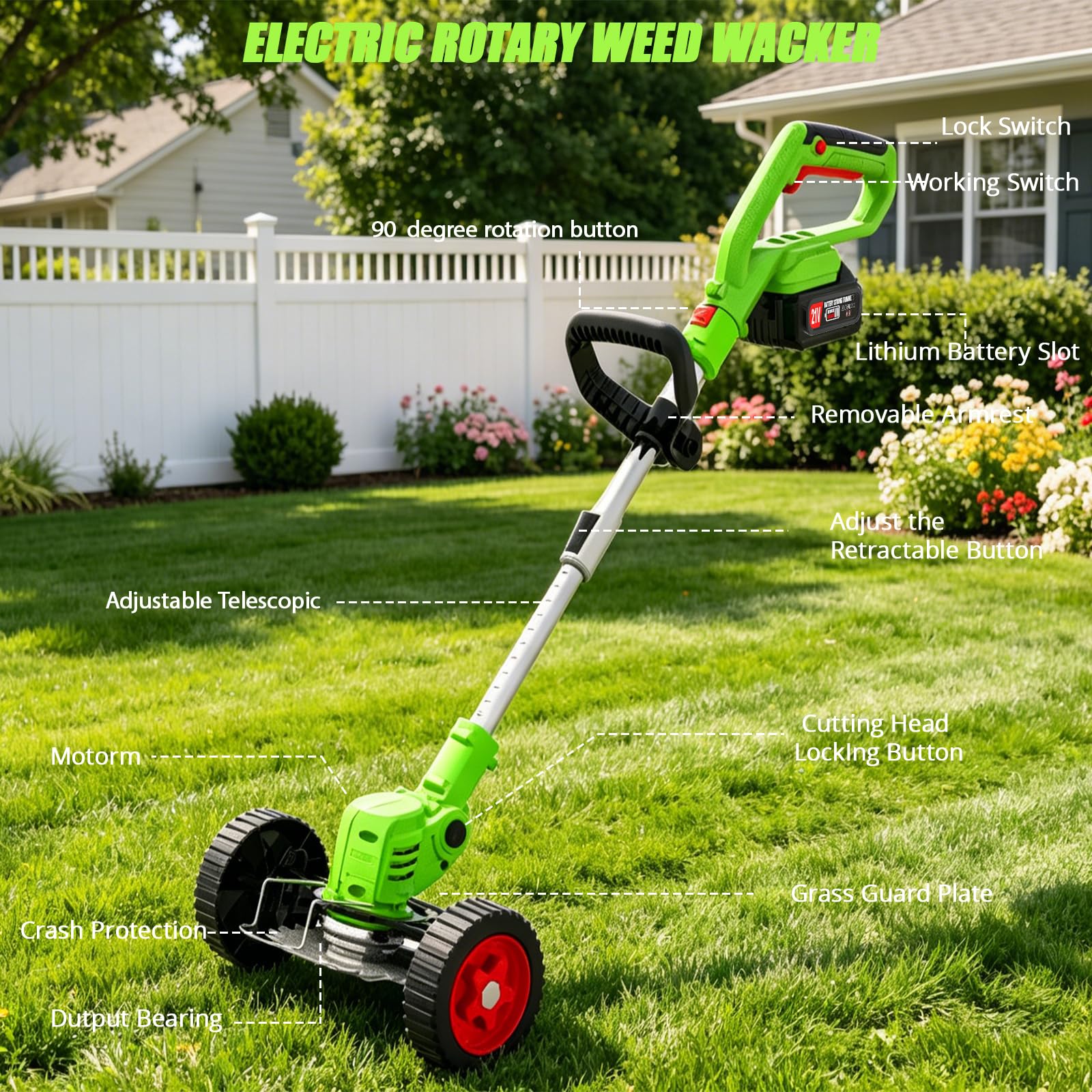 Electric Weed Wacker Cordless Eater,21V String Trimmer Battery Powered,4 In 1 Lightweight Grass Trimmer/Brush Cutter/Lawn Edger with Wheels,Metal Blade&Charger, Stringless Weed Trimmer for Garden Yard Retail $73.00