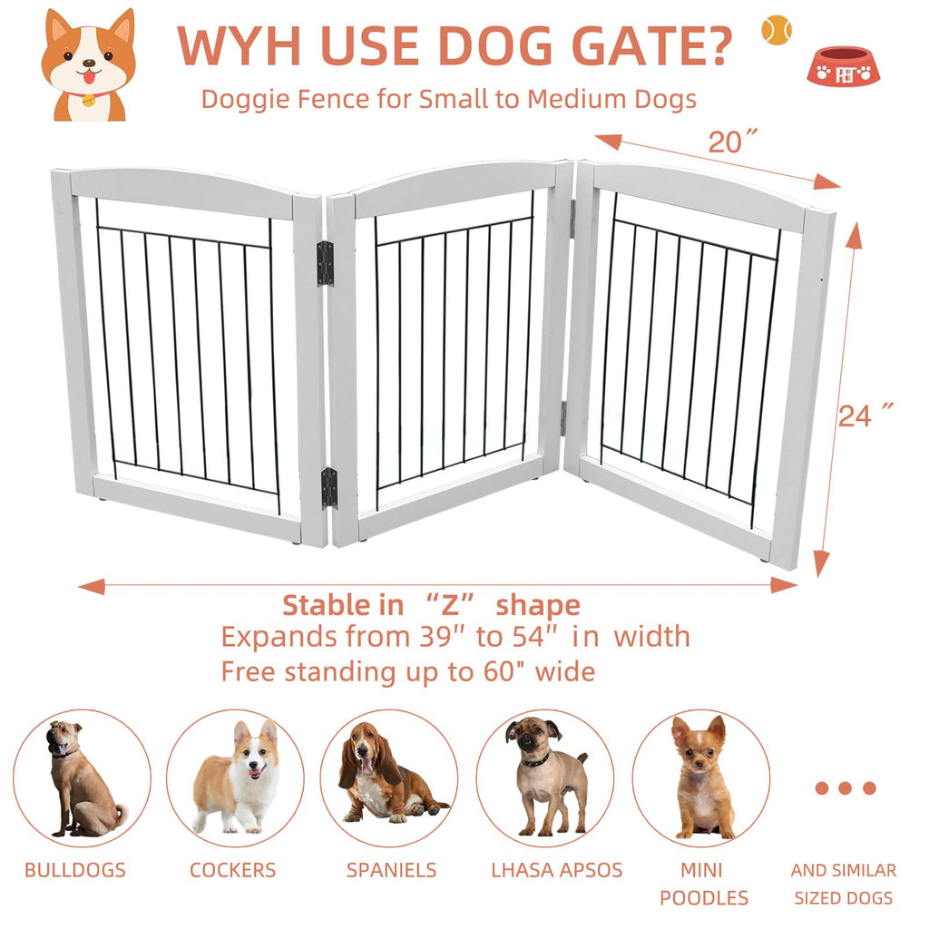 White Freestanding Foldable Wooden 3-Panel Dog Gate 24 H x 60 W