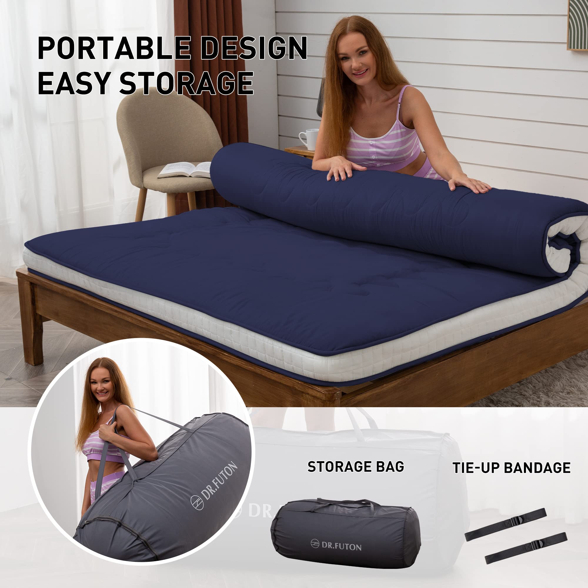 Japanese Floor Futon Mattress Extra Thick Folding Roll Up Navyblue