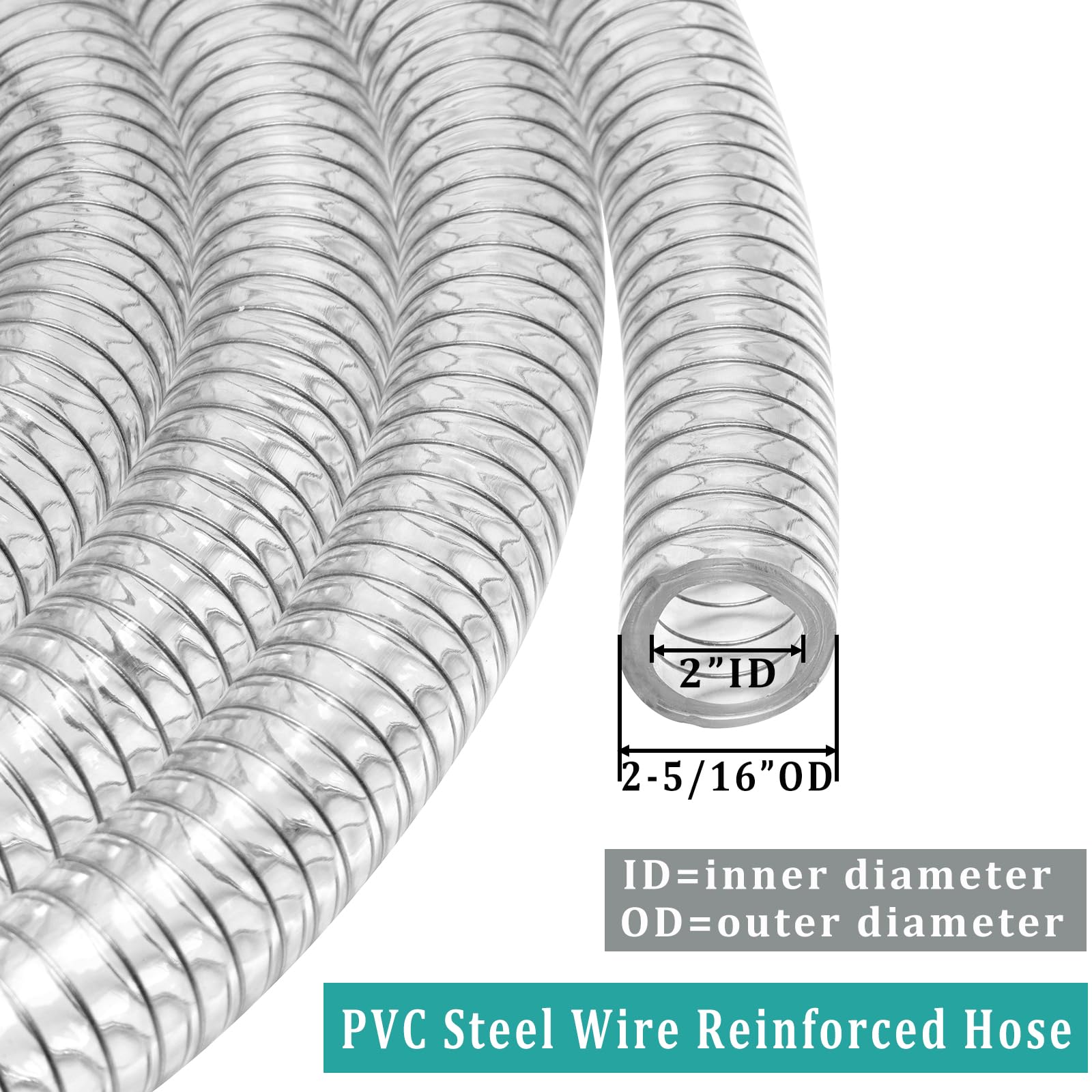 Clear Wire Reinforced Suction Hose 2” ID × 2-5/16” OD - 10ft Heavy Duty Flexible PVC Spiral Steel Wire Pipe High Pressure Vacuum Vinyl Tubing for Drawing Water Oil Powder (10 ft, 2" ID)