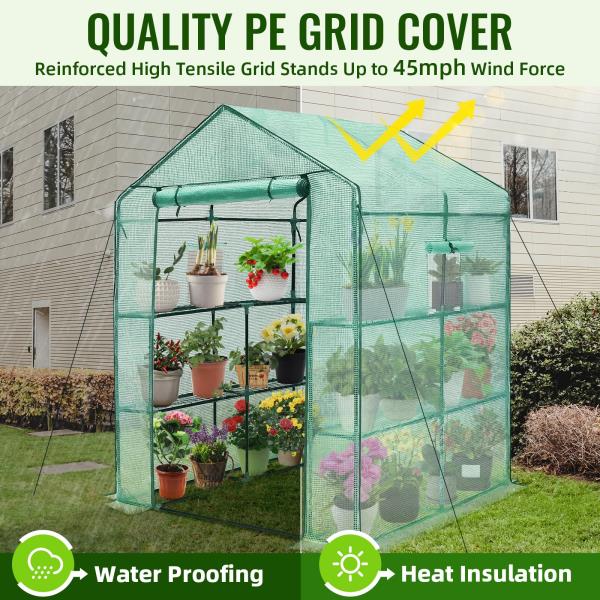 Walk-in Greenhouse 57 x 57 x 76 3 Tiers 8 Shelves with PE Cover and Window