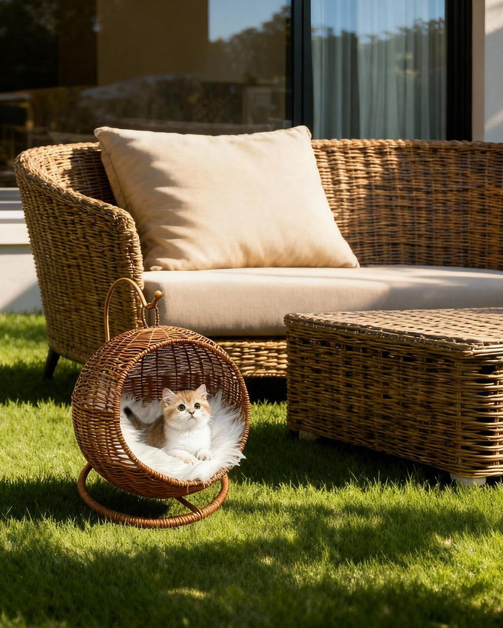 CIHTL Wicker Cat Bed Indoor & Outdoor, Handwoven PP Rattan Cat Swing Bed with Removable Washable Cushion, Breathable Waterproof Cat House for Cats & Small Dogs (Large–16.9" L × 25.98" H) Retail $89.00