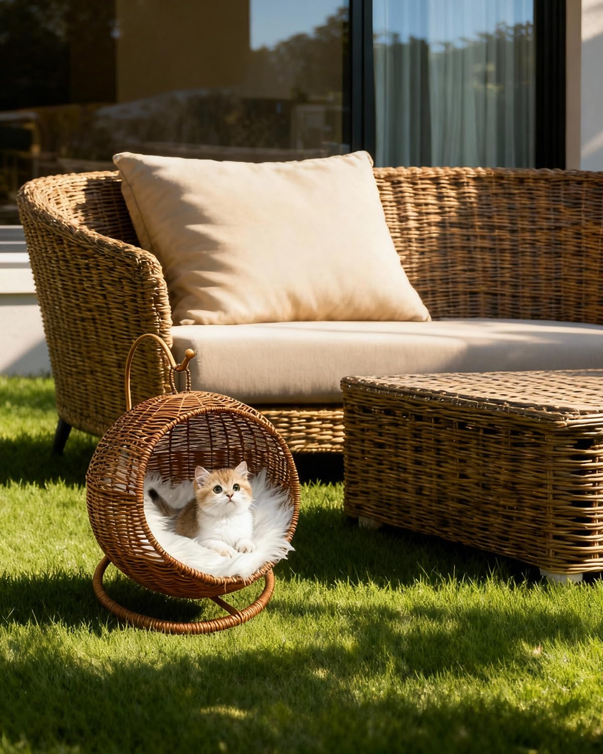 CIHTL Wicker Cat Bed Indoor & Outdoor, Handwoven PP Rattan Cat Swing Bed with Removable Washable Cushion, Breathable Waterproof Cat House for Cats & Small Dogs (Large–16.9" L × 25.98" H) Retail $89.00