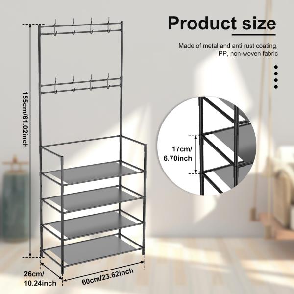 -Tier Space-Saving Hall Tree with Shoe and Hat Rack Waterproof Metal Black