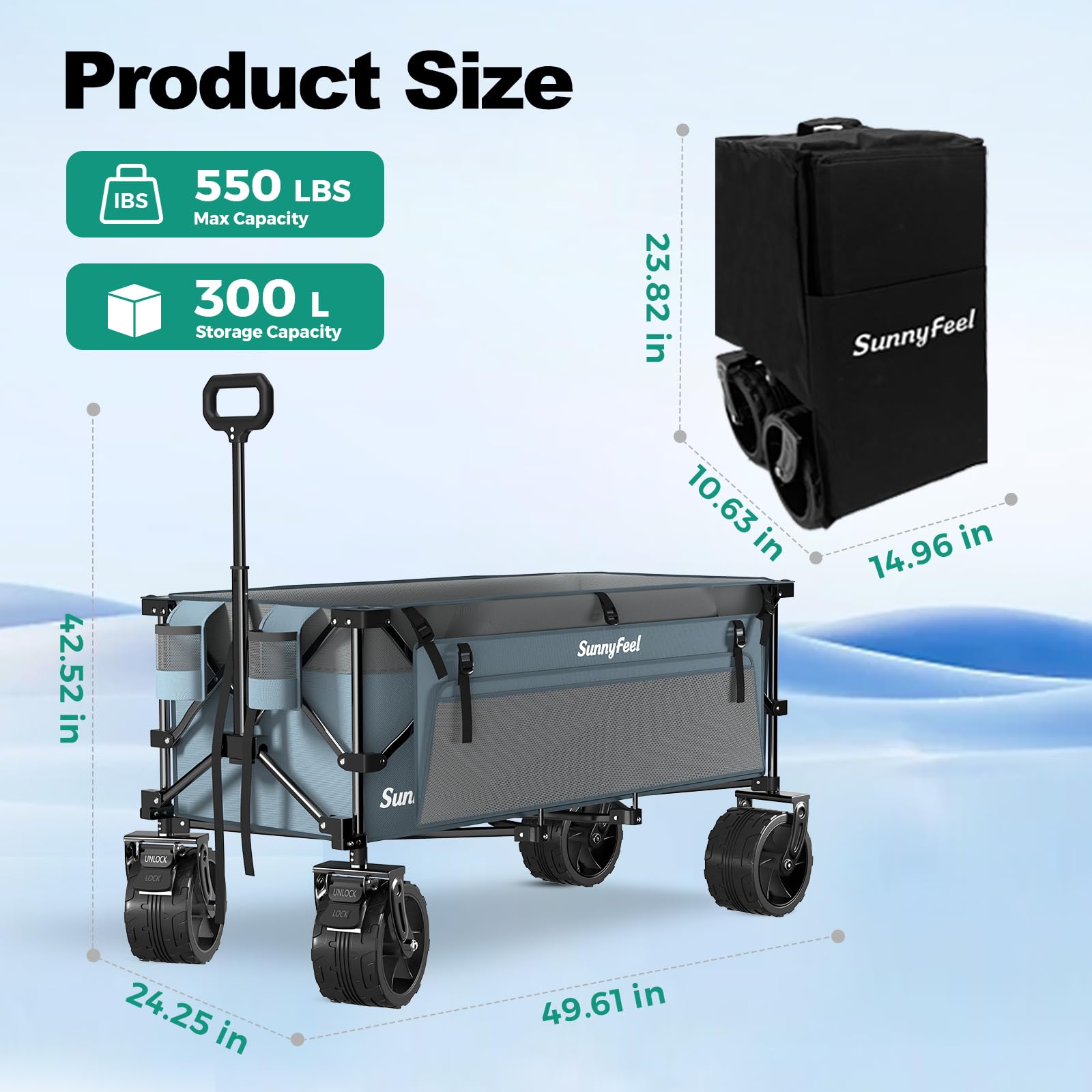 SUNNYFEEL 49" L Foldable Wagon Cart with Big Wheels - 550lbs Heavy Duty Extra Long Collapsible Shopping Cart - Utility Grocery Wagon for Garden Sports Camping Outdoor Activities (Blue) Retail $109.00