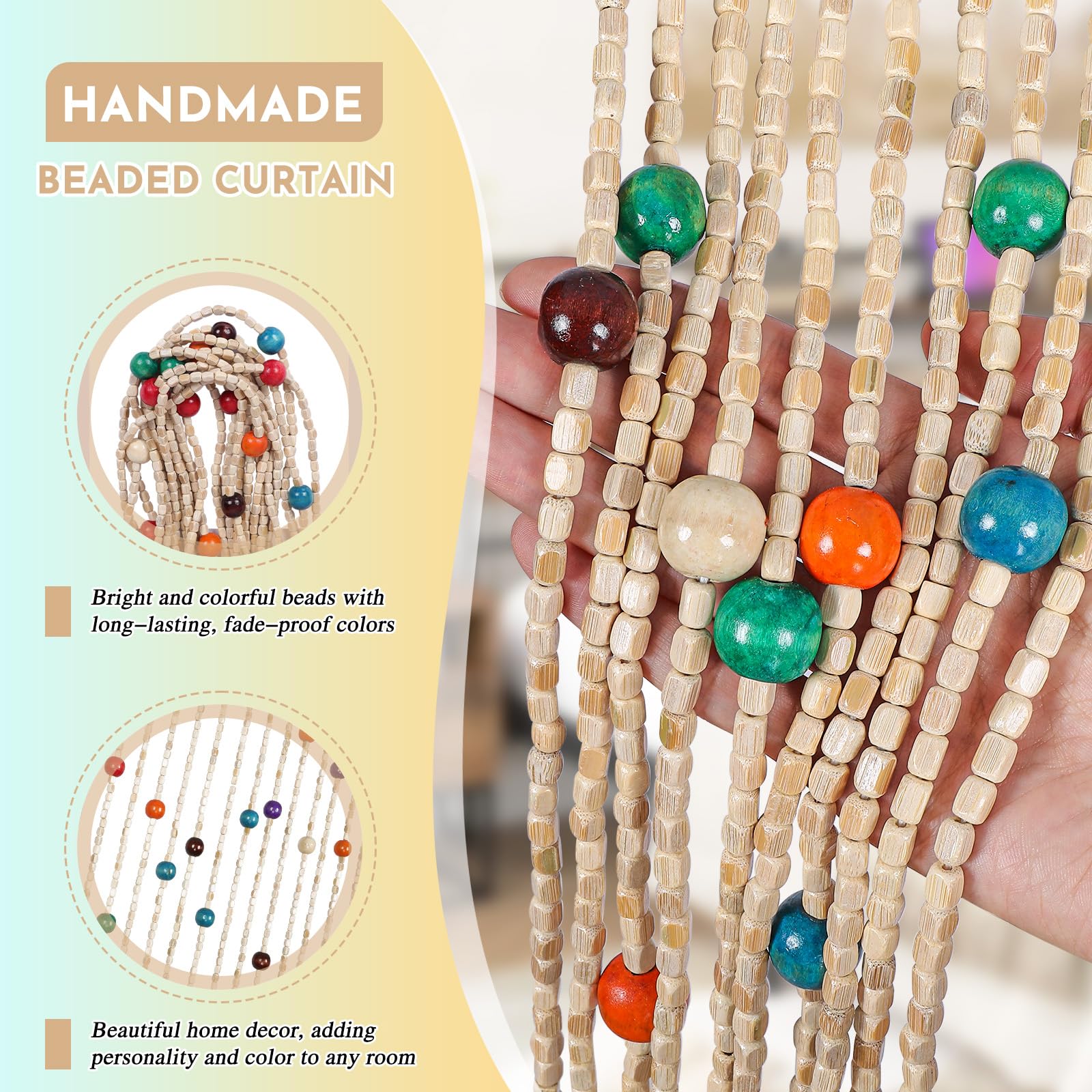 Colorful Bamboo Wood Beaded Curtain 35.5x75 Inch 38 Strands