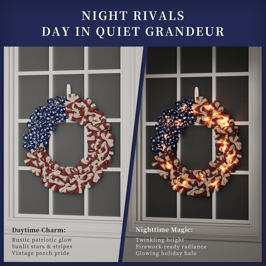 Inch Patriotic Burlap Red White Blue Wreath with Timer Light Strip