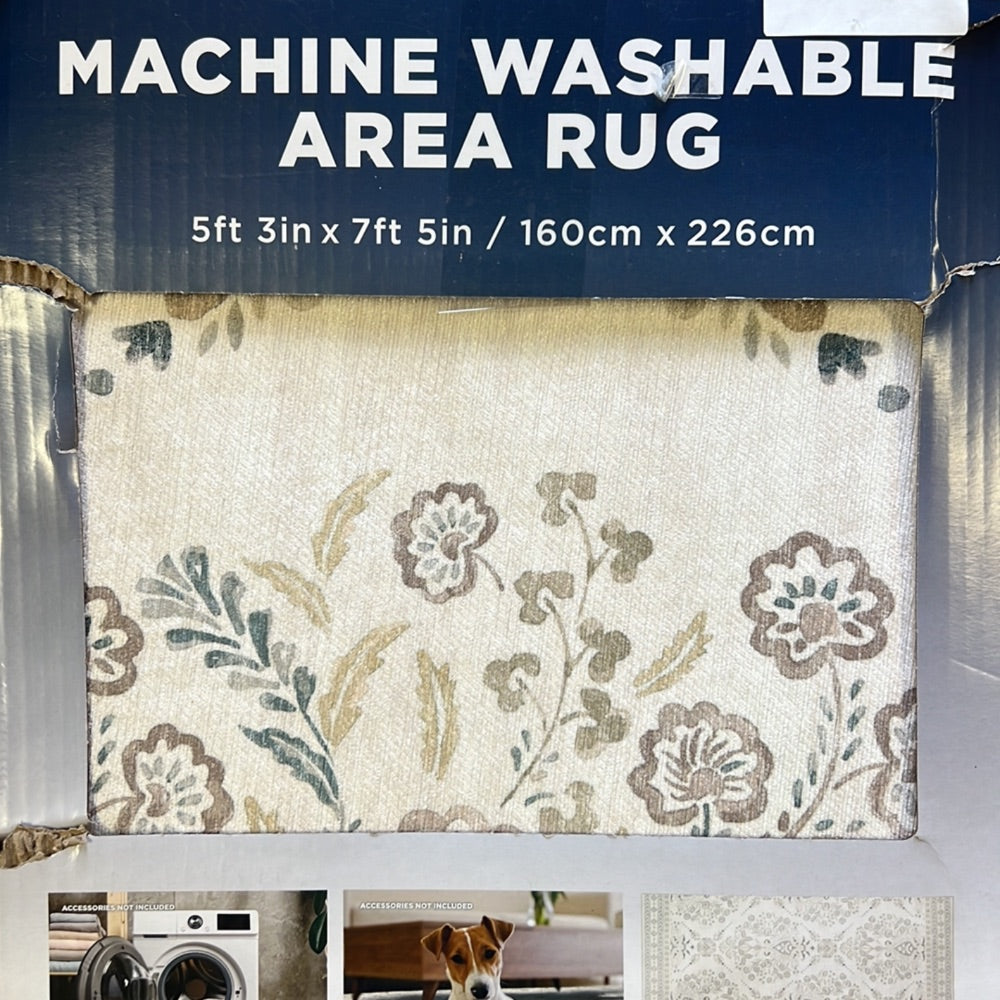 Machine Washable Area Rug 5ft 3in x 7ft 5in Floral Damask CreamBeige