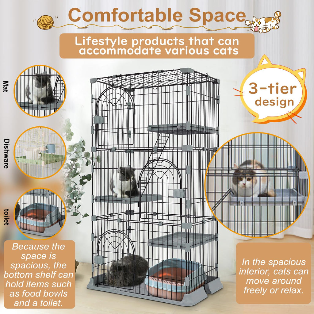 JaxSteam Cat Cage 3-Tier Indoor Cat Enclosure with Widen Bottom Buckle & Reinforced Locking Clamps DlY Cat Playpen for 2-3 Cats & Small Pets,30" Lx 20" W X 52.5" H (Grey, Three-Tier52.5") Retail $109.00