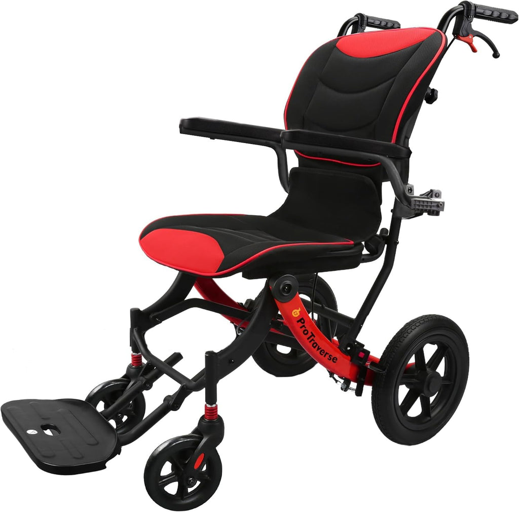Lightweight Foldable Transport Wheelchair for Adults 11-inch Rear Wheels 300lb Capacity - RedBlack