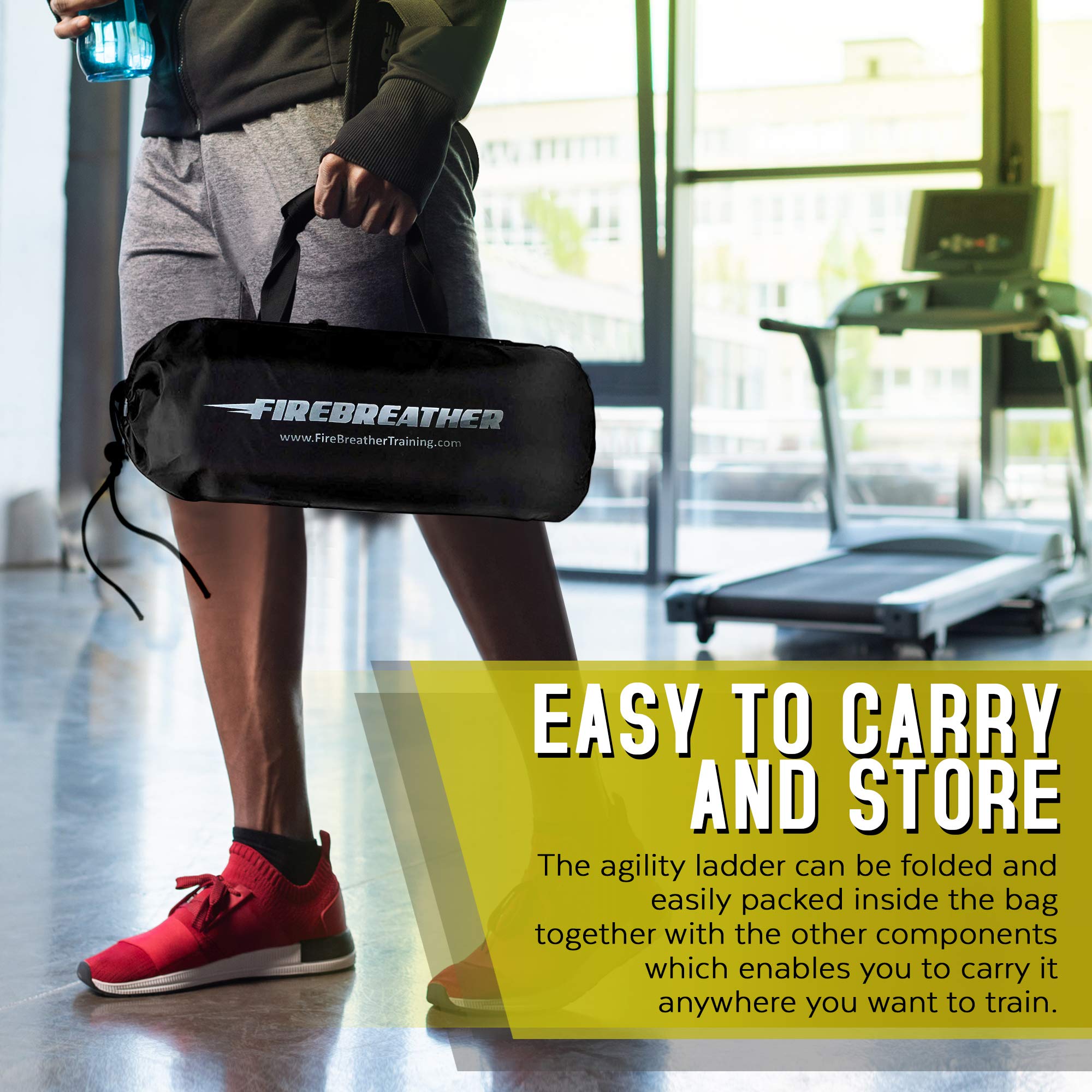 Agility Ladder and Cones by FireBreather. Great Training Equipment to Exercise Speed in Soccer, Football & Sports Workout. Set of 15ft Ladder, 12 Discs, 4 Pegs, Carrying Bag & 2 Drills Ebook