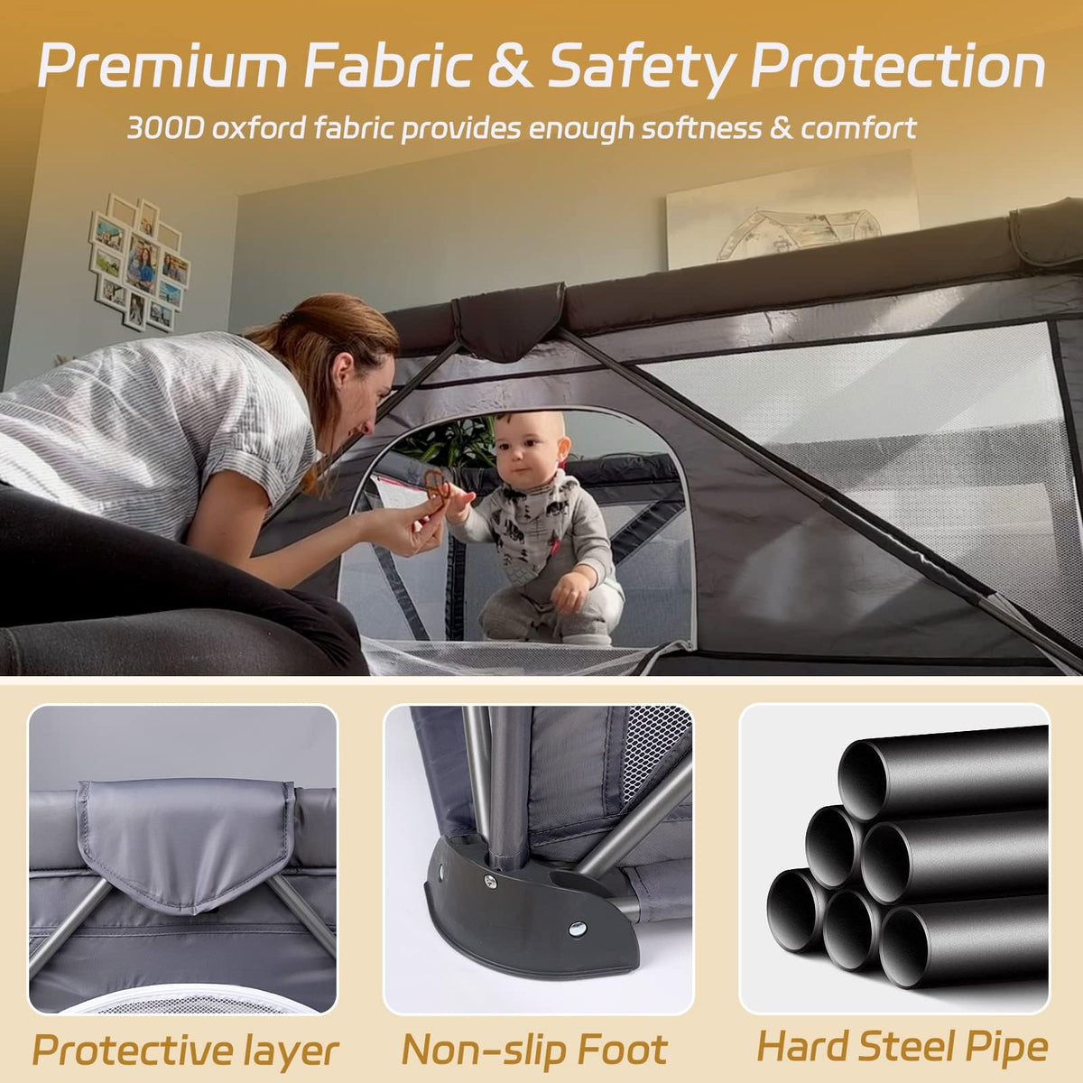 Foldable Baby Playpen Extra Large 50X50 Portable Play Yard Dark Grey