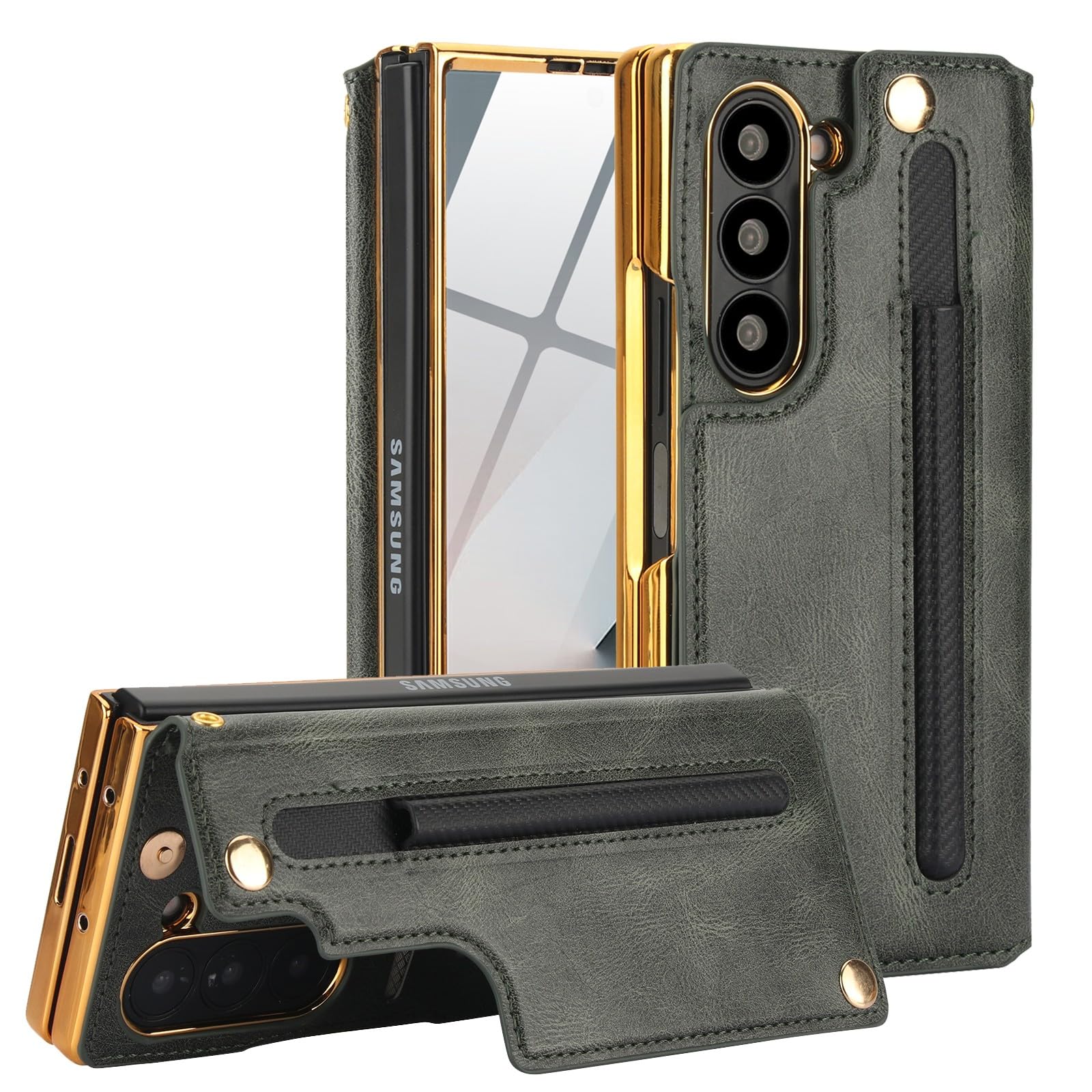 Green Samsung Galaxy Z Fold 6 Wallet Flip Case w S-Pen  Card Holder Screen Protector Kickstand