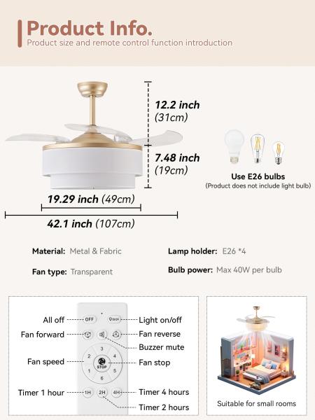 YMKSKJ 42" Retractable Fandelier Ceiling Fan with Light, Boho Chandelier Ceiling Fan with Remote, 6 Speeds Reversible for Bedroom Living Room (Gold) Retail $168.00