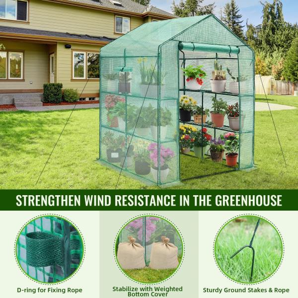 Walk-in Greenhouse 57 x 57 x 76 3 Tiers 8 Shelves with PE Cover and Window