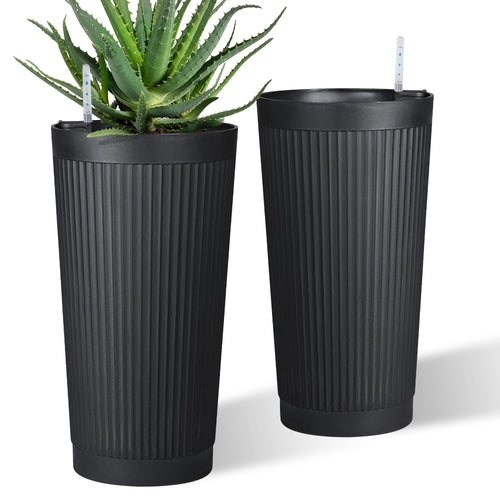 '-Pack 24in Round Plastic Self-Watering Planters with Vertical Ribbed Design Black