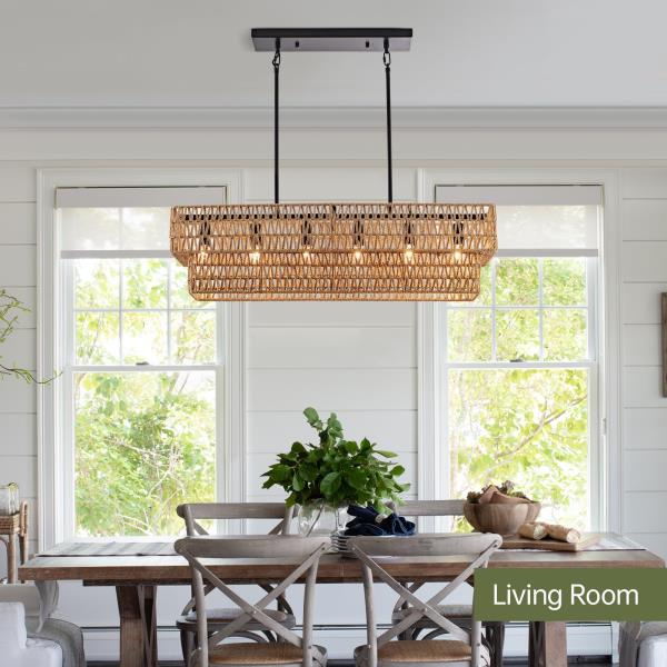 InterMaka 6-Light Boho Rattan Chandeliers for Dining Room, 2 Layer Large Linear Chandelier Rattan Pendant Light Fixture Farmhouse 34” Rectangle Chandelier for Kitchen Island Bar Living Room Retail $189.00