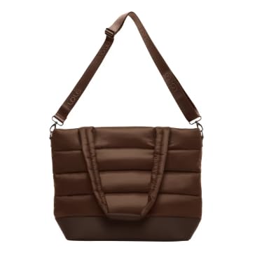 Large Brown Puffer Tote Bag with Laptop Pocket Adjustable  Luggage Strap