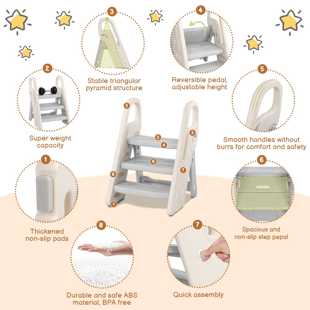 Adjustable Foldable 3-Step Kids Step Stool for Nursery Gray