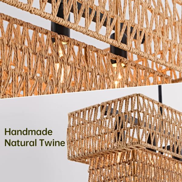 InterMaka 6-Light Boho Rattan Chandeliers for Dining Room, 2 Layer Large Linear Chandelier Rattan Pendant Light Fixture Farmhouse 34” Rectangle Chandelier for Kitchen Island Bar Living Room Retail $189.00