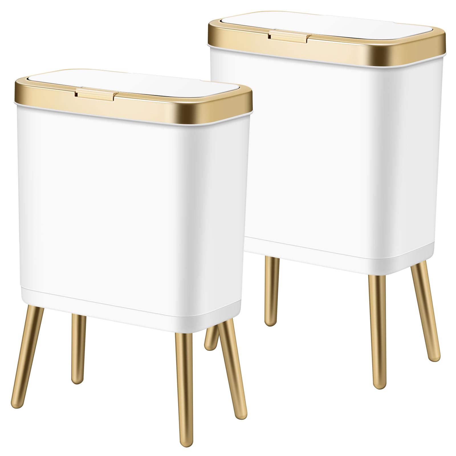 Procade 2Pack White Trash Can with Lid, Bathroom Trash Can with Gold Edge, Narrow Modern Garbage Can for Bedroom, Slim Plastic Trash Bin for Room,Kitchen, Living Room, Office,4 Gallon Retail $56.00