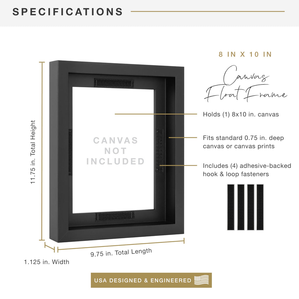 MCS Canvas Float Frames 8x10 Frame, Black Frame for Finished Canvases, Vertical & Horizontal Wall Hanging Frame with Adhesive for Canvas Paintings (1-Pack)